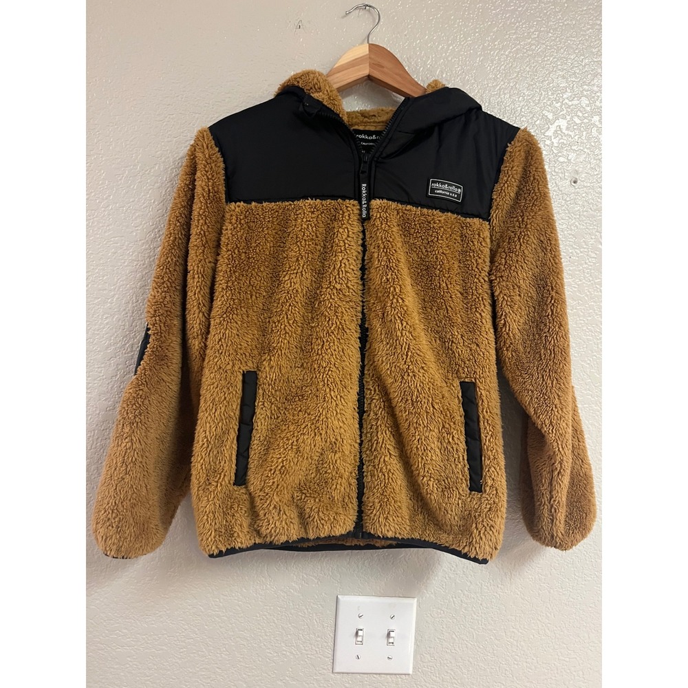 Rokka&Rolla Boys Sherpa Fleece Hoodie Jacket Brown Black XL 14-16 RR25AW-SF03